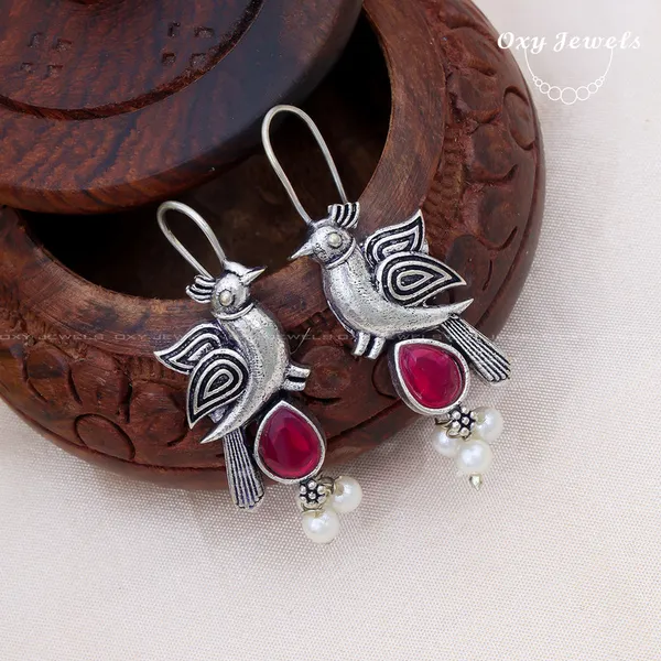 Pack_of_2_-_Oxidised_Silver_Elephant_and_Bird_Earrings_with_Ruby_Red_Stones_and_Pearls