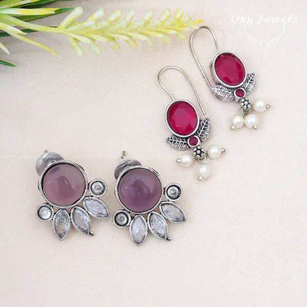 Pack_of_2_-_Oxidised_Silver_Earrings_Set_with_Red_and_Purple_Stones_and_Pearl_Accents