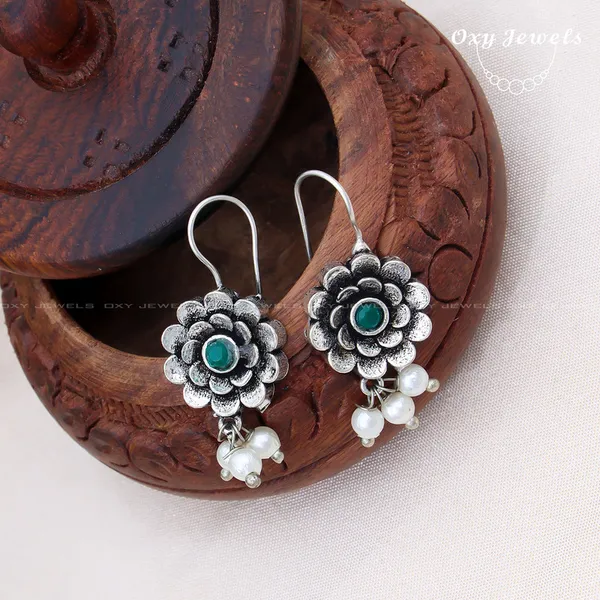 Pack_of_2_-_Oxidised_Silver_Earrings_Set_with_Pink_and_Green_Stones_and_Pearl_Accents