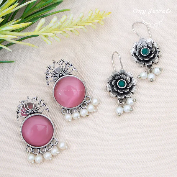 Pack_of_2_-_Oxidised_Silver_Earrings_Set_with_Pink_and_Green_Stones_and_Pearl_Accents