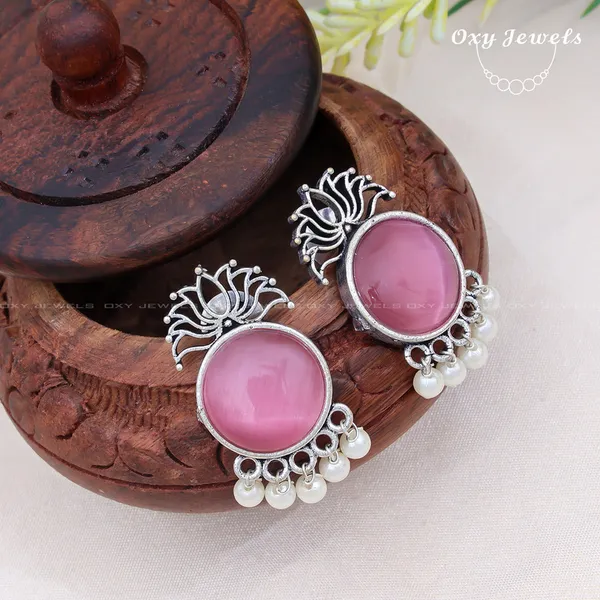 Pack_of_2_-_Oxidised_Silver_Earrings_Set_with_Pink_and_Green_Stones_and_Pearl_Accents