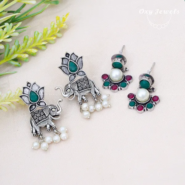 Pack_of_2_-_Oxidised_Elephant_Motif_Earrings_with_Green_and_Red_Stones_and_Pearls