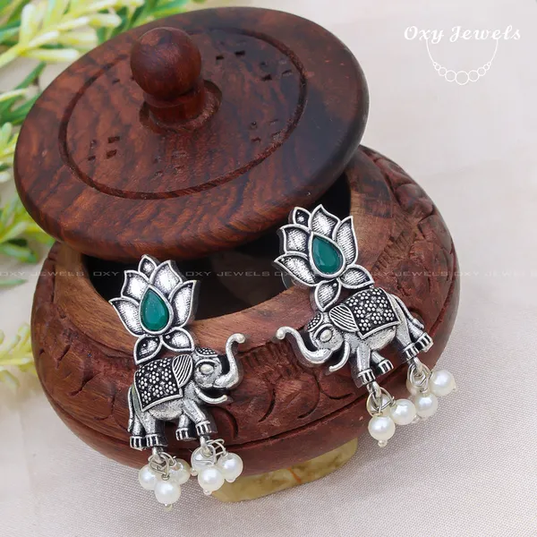 Pack_of_2_-_Oxidised_Elephant_Motif_Earrings_with_Green_and_Red_Stones_and_Pearls