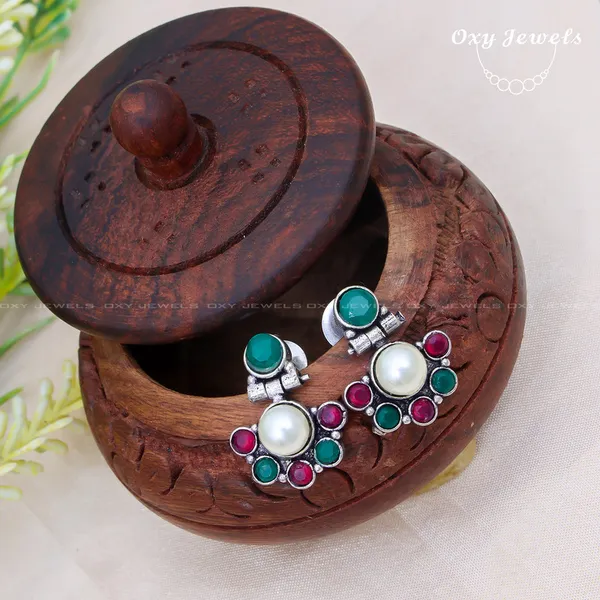 Pack_of_2_-_Oxidised_Elephant_Motif_Earrings_with_Green_and_Red_Stones_and_Pearls