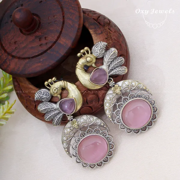 Oxidised_Dual_Tone_Peacock_Earrings_with_Pink_Stones