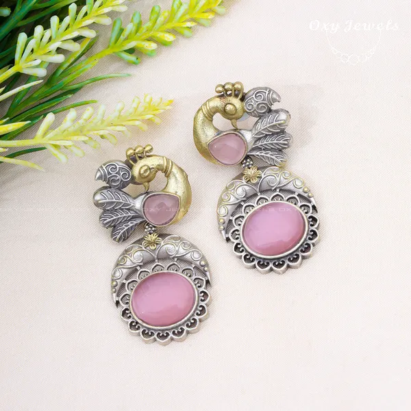Oxidised_Dual_Tone_Peacock_Earrings_with_Pink_Stones