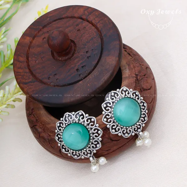 Oxidised_Silver_Floral_Earrings_with_Mint_Stones_and_Pearl_Accents