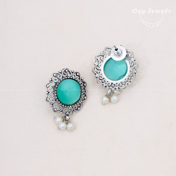 Oxidised_Silver_Floral_Earrings_with_Mint_Stones_and_Pearl_Accents