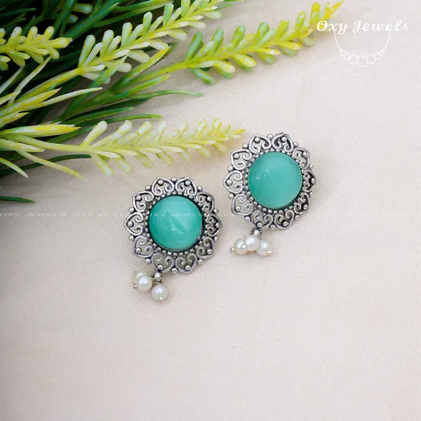 Oxidised_Silver_Floral_Earrings_with_Mint_Stones_and_Pearl_Accents