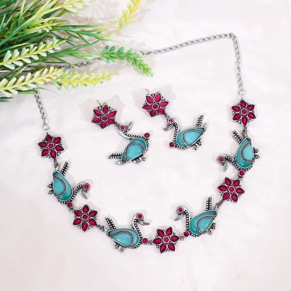 Duck_and_Floral_Design_Oxidised_Necklace_Set_with_Earrings_-_SkyBlue_Red