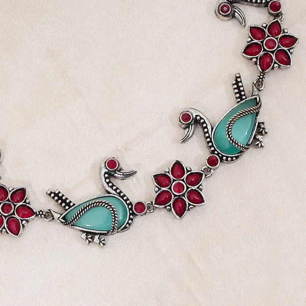 Duck_and_Floral_Design_Oxidised_Necklace_Set_with_Earrings_-_SkyBlue_Red