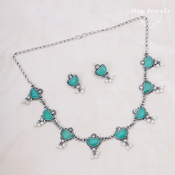 Oxidised_Silver_Necklace_Set_with_Mint_Stones_and_Pearl_Accents