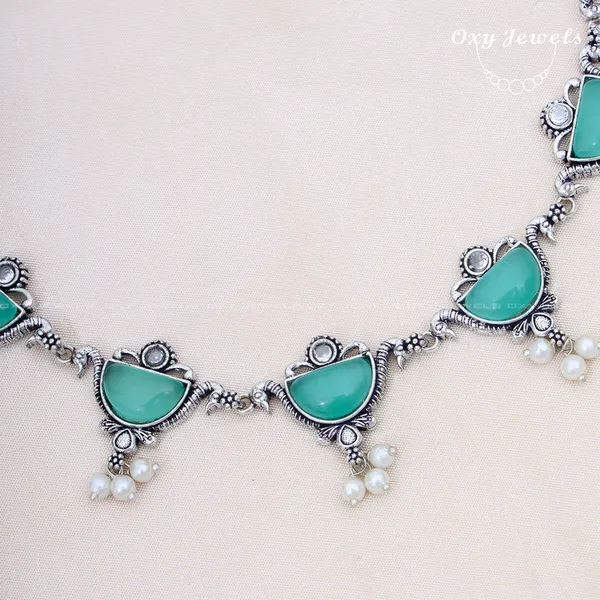 Oxidised_Silver_Necklace_Set_with_Mint_Stones_and_Pearl_Accents
