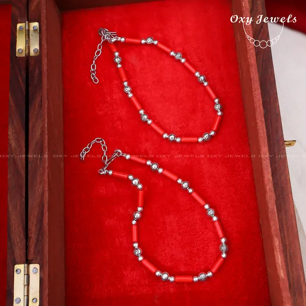 Coral_Red_Oxidised_Silver_Anklets_Set