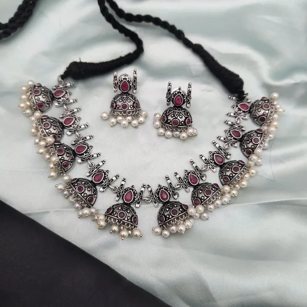 Oxidised_Silver_Long_Necklace_Set_with_Pink_Stones_and_Pearl_Accents