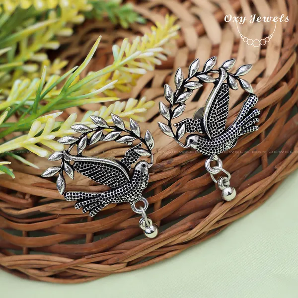 Oxidised_Silver_Bird_and_Leaf_Earrings