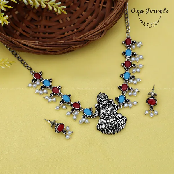 Oxidised_Silver_Goddess_Necklace_Set_with_Red_and_Blue_Stones