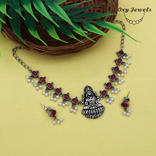 Antique_Oxidized_Goddess_Necklace_Set_with_Red_Stones_and_Pearl_Drops