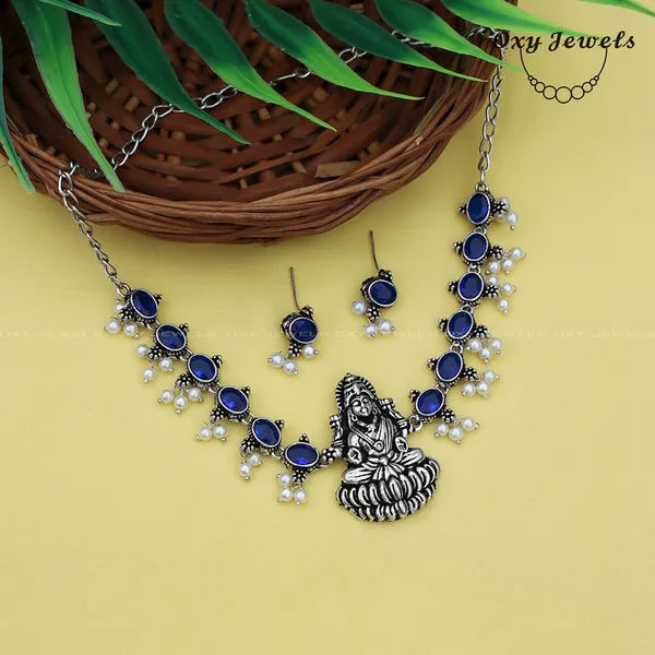 Oxidised_Silver_Goddess_Necklace_Set_with_Blue_Stones_and_Pearls