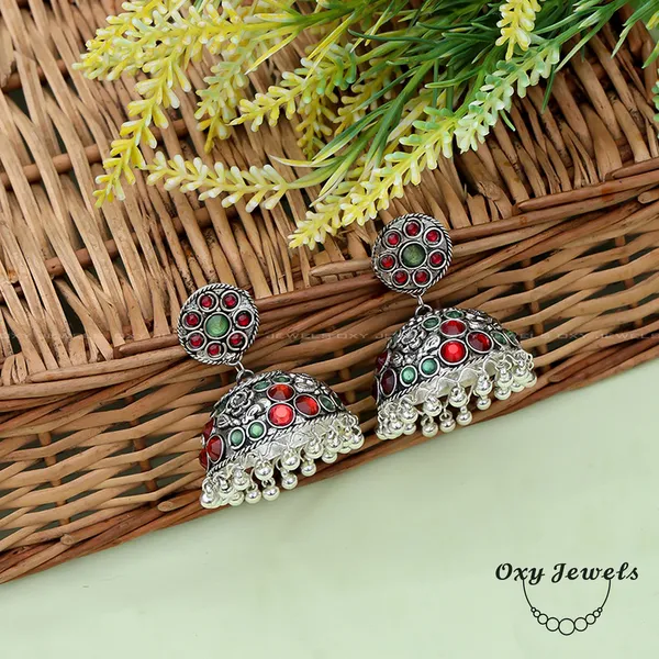 Vintage_Oxidized_Silver_Jhumka_Earrings_with_Red_and_Green_Stones