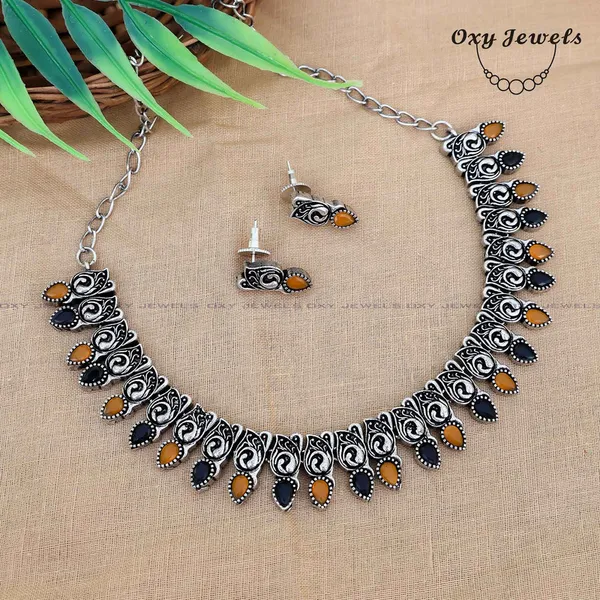Oxyjewels Elegant Oxidised Silver Necklace and Earrings Set with