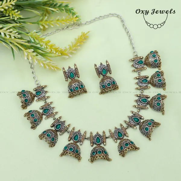 Antique_Dual_Tone_Green_Stone_Oxidized_Necklace_and_Earrings_Set