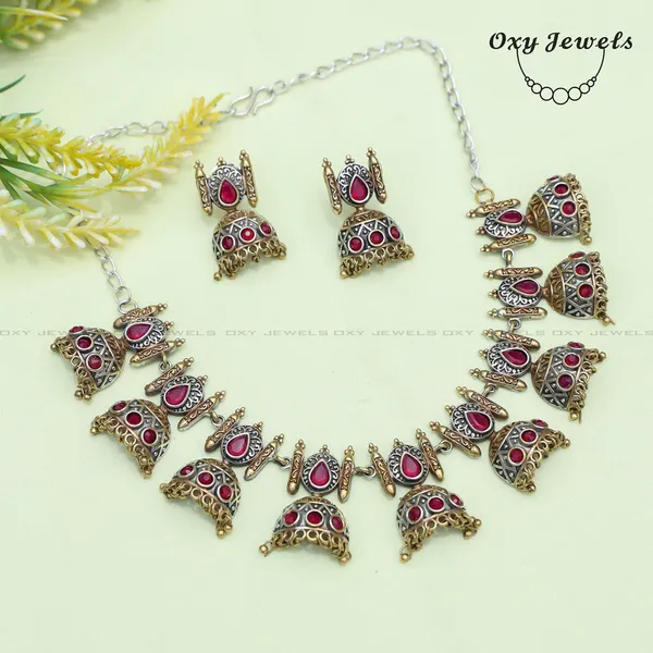 Antique_Dual_Tone_Oxidized_Red_Stone_Necklace_and_Earrings_Set