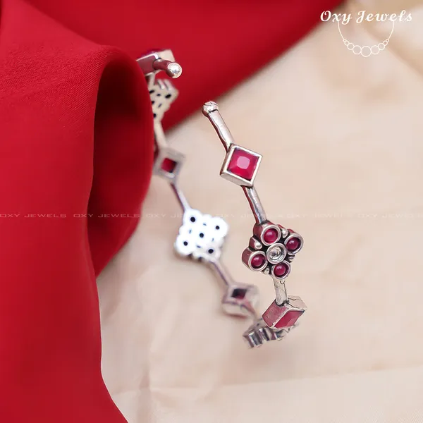 Silver_and_Red_Geometric_Floral_Bracelet