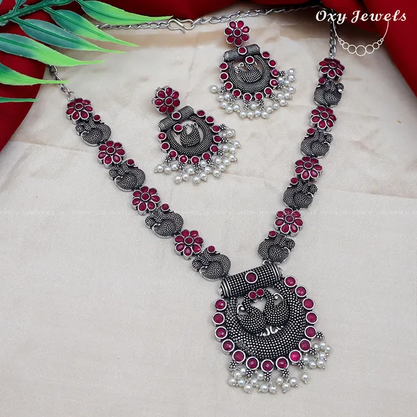 Oxidized_Silver_Necklace_Set_with_Pink_and_White_Accents