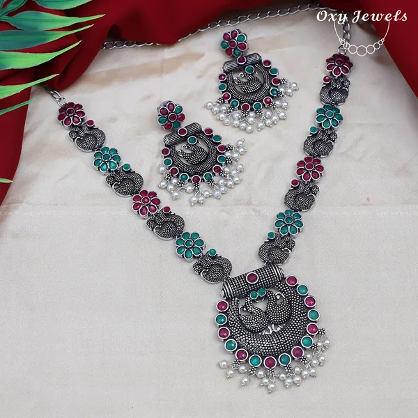 Oxidized_Silver_Peacock_Necklace_Set_with_Pink_and_Green_Accents