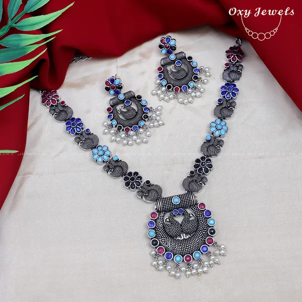 Oxidized_Silver_Floral_Necklace_Set_with_Earrings_-_Multicolor_(Blue,_Pink,_Red)