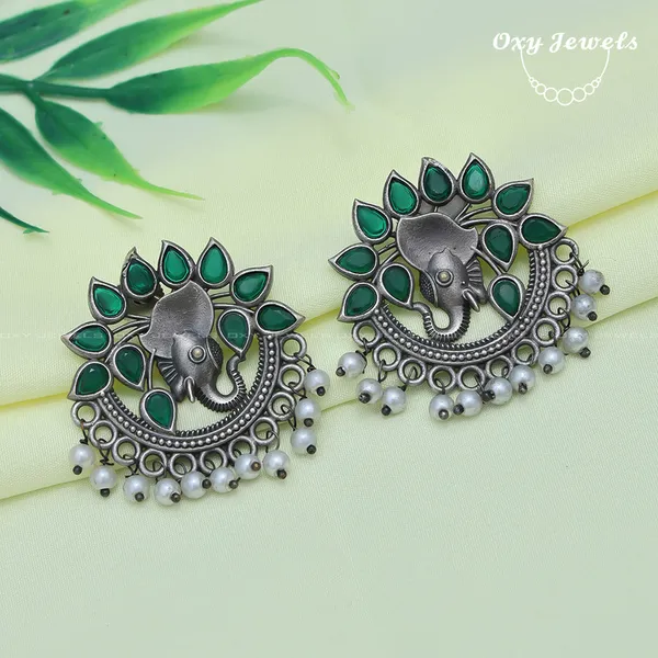 Oxidized_Silver_Elephant_Design_Earrings_with_Green_Stones_and_Pearl_Drops
