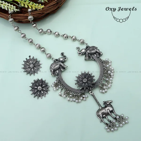 Antique_Silver_Oxidized_Elephant_and_Deer_Pendant_Necklace_Set_with_Earrings