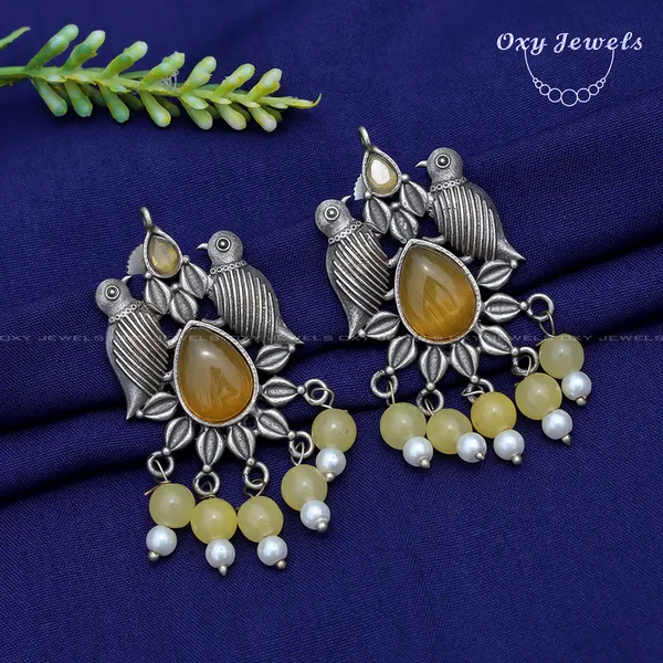 Handcrafted_Bird_Design_Oxidized_Silver_Earrings_with_Yellow_Gemstones_and_Pearls