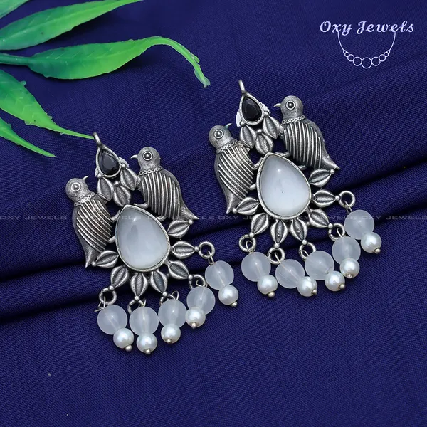 Oxyjewels Handcrafted Silver Bird Design Earrings with White