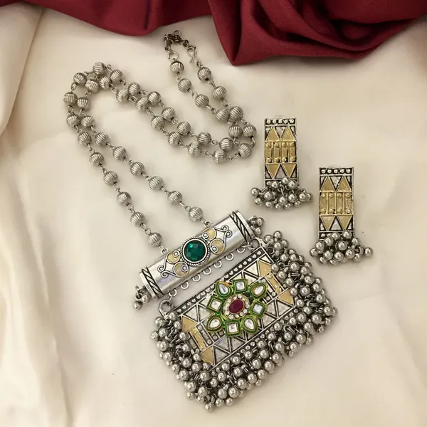 Oxidised_Silver_Necklace_Set_with_Green_and_Pink_Stones_and_Intricate_Beadwork