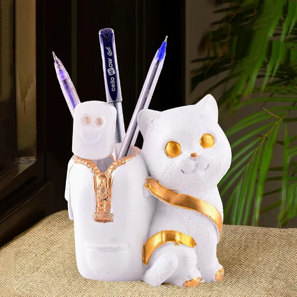 White_Cat_Figurine_with_Pen_Stand_of_White_Color_|_Premium_for_Home_Decor