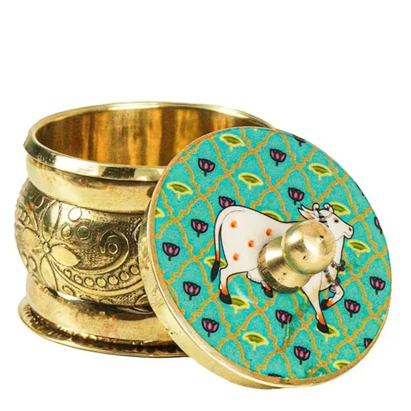 Brass_Box_Pooja_of_Gomatha_Design_with_Lid_of_Green_Color_|_Heritage_Look_for_Home_Decor