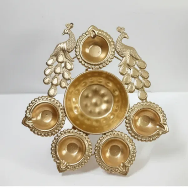 Decorative_Brass_Peacock_Design_Bowl_with_6_Diyas_of_Golden_Color_|_For_Festive_Gift_Item