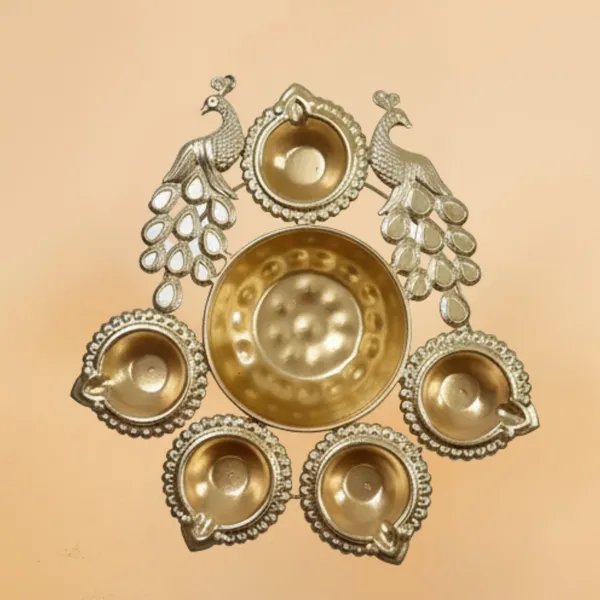 Decorative_Brass_Peacock_Design_Bowl_with_6_Diyas_of_Golden_Color_|_For_Festive_Gift_Item