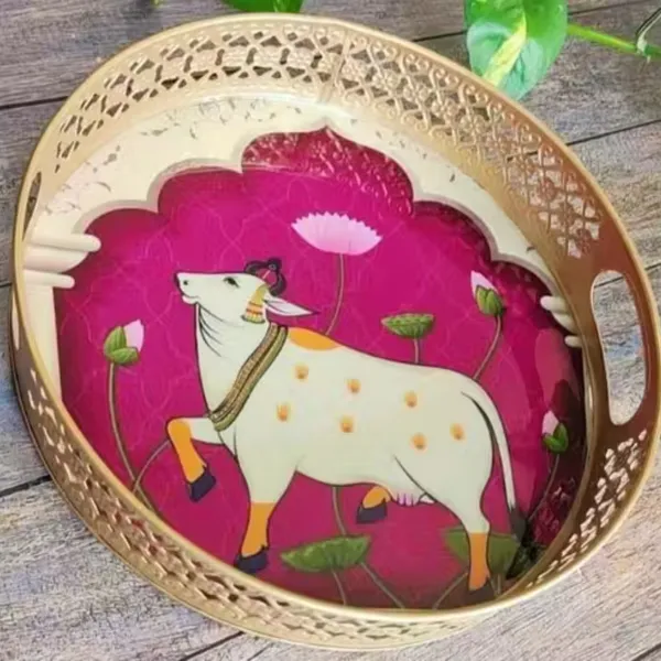 Metal_Round_Tray_with_Cow_Design_with_Set_of_2_of_Golden_Color_|_For_Asthetic_Home_Decor