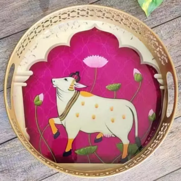 Metal_Round_Tray_with_Cow_Design_with_Set_of_2_of_Golden_Color_|_For_Asthetic_Home_Decor