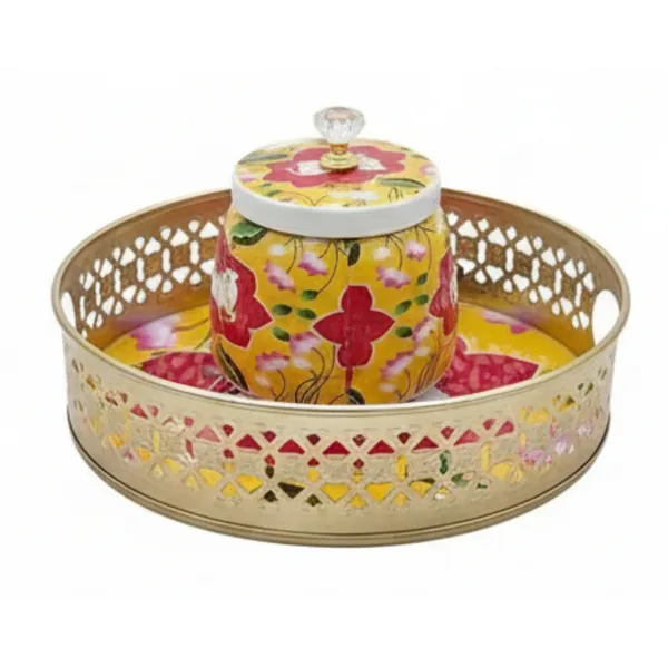 Traditional_Metal_Tray_with_Jar_and_Lotus_Brass_Diya_with_Prosperous_Charm_|_Elegant_Decorative_Gift_Item