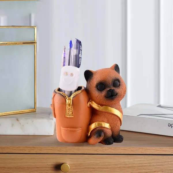 Cat_Figurine_with_Pen_Stand_of_Brown_Color_|_For_Office_Use