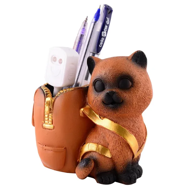 Cat_Figurine_with_Pen_Stand_of_Brown_Color_|_For_Office_Use
