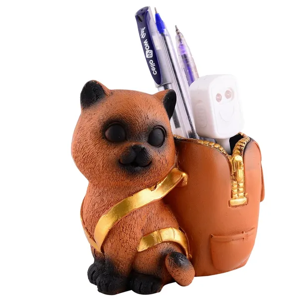 Cat_Figurine_with_Pen_Stand_of_Brown_Color_|_For_Office_Use