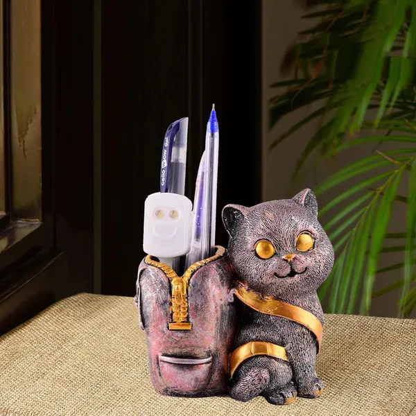 Copper_Cat_Figurine_with_Pen_Stand_of_Multicolor_|_For_Office_Use