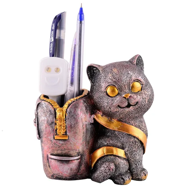 Copper_Cat_Figurine_with_Pen_Stand_of_Multicolor_|_For_Office_Use