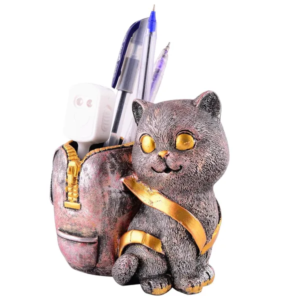 Copper_Cat_Figurine_with_Pen_Stand_of_Multicolor_|_For_Office_Use