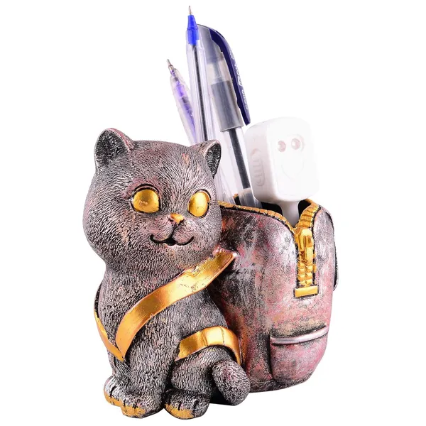 Copper_Cat_Figurine_with_Pen_Stand_of_Multicolor_|_For_Office_Use